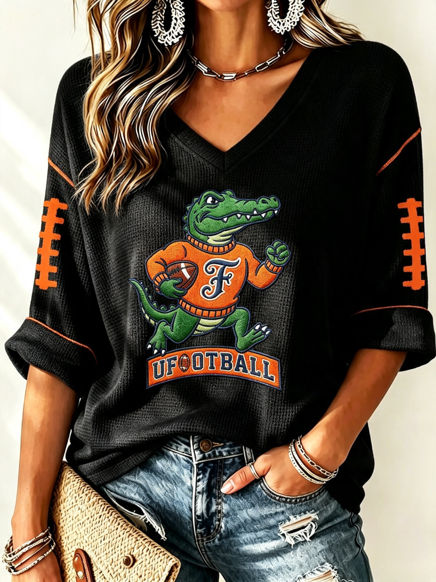 Women'S Rugby Patterned Waffle V-Neck Top