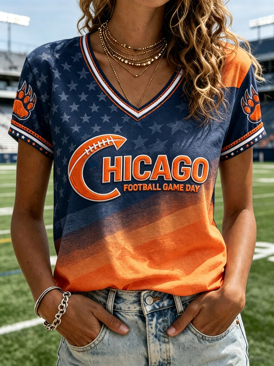 Women's Football Game Print V-Neck T-Shirt