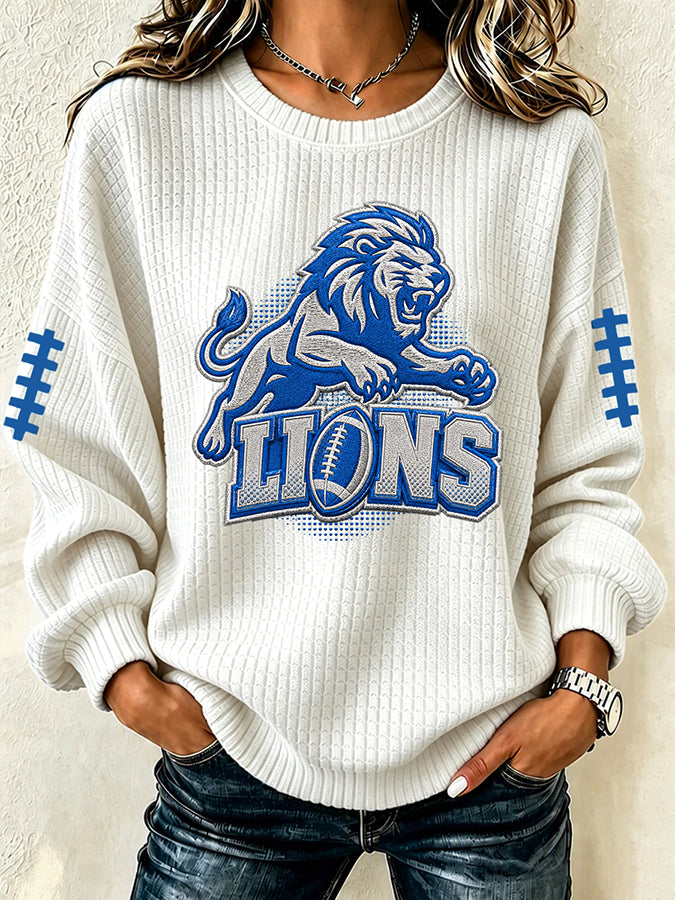 Women'S Football Print Waffle Long Sleeved Round Neck Sweatshirt