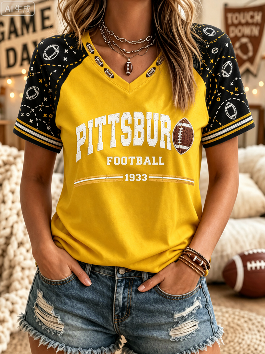 Women's Football Fan Printed Print Casual V-Neck Tee