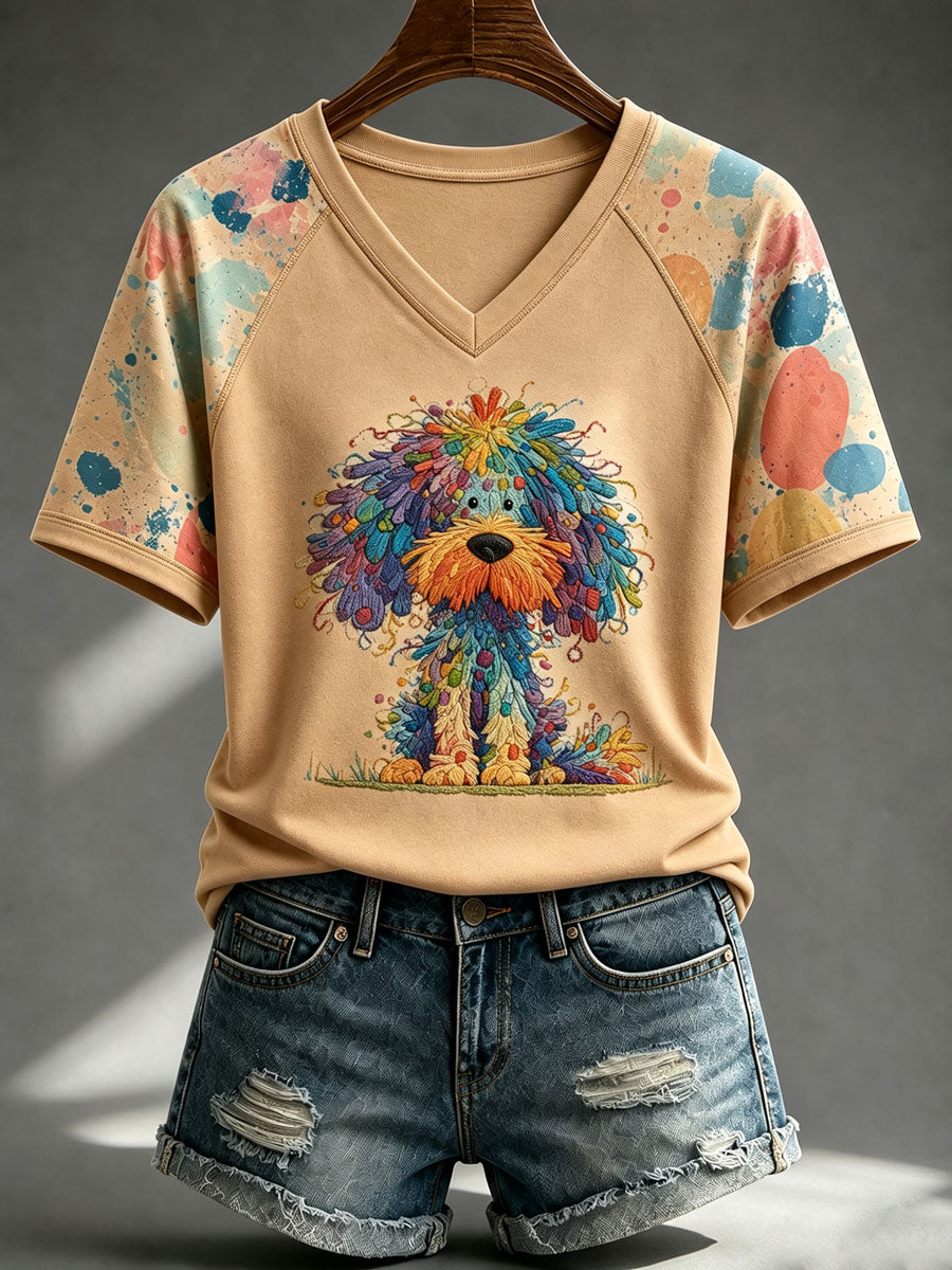 Ladies' Cute Dog V-Neck Casual T-Shirt